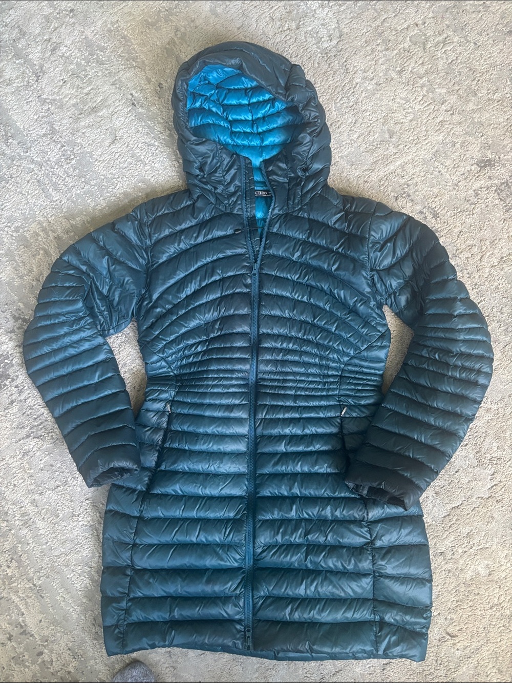 Arc'teryx Teal Hooded Long Puffer Coat with Bright Teal Lining